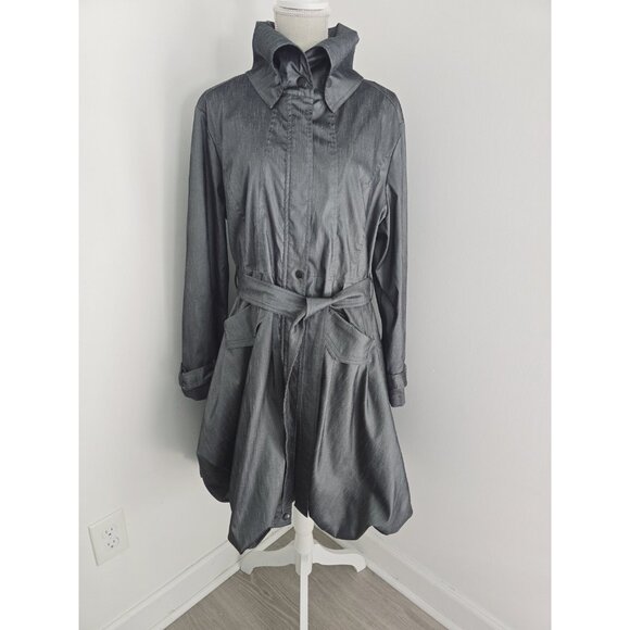 Samuel Dong Gray Metallic Taffeta Collared Bubble Hem Zip Trench Jacket Coat XL - Picture 1 of 14